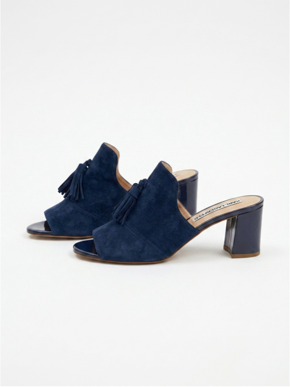 Women's Karl Lagerfeld Hettie Suede Tassel Block Heel Mules Navy Blue Size 6